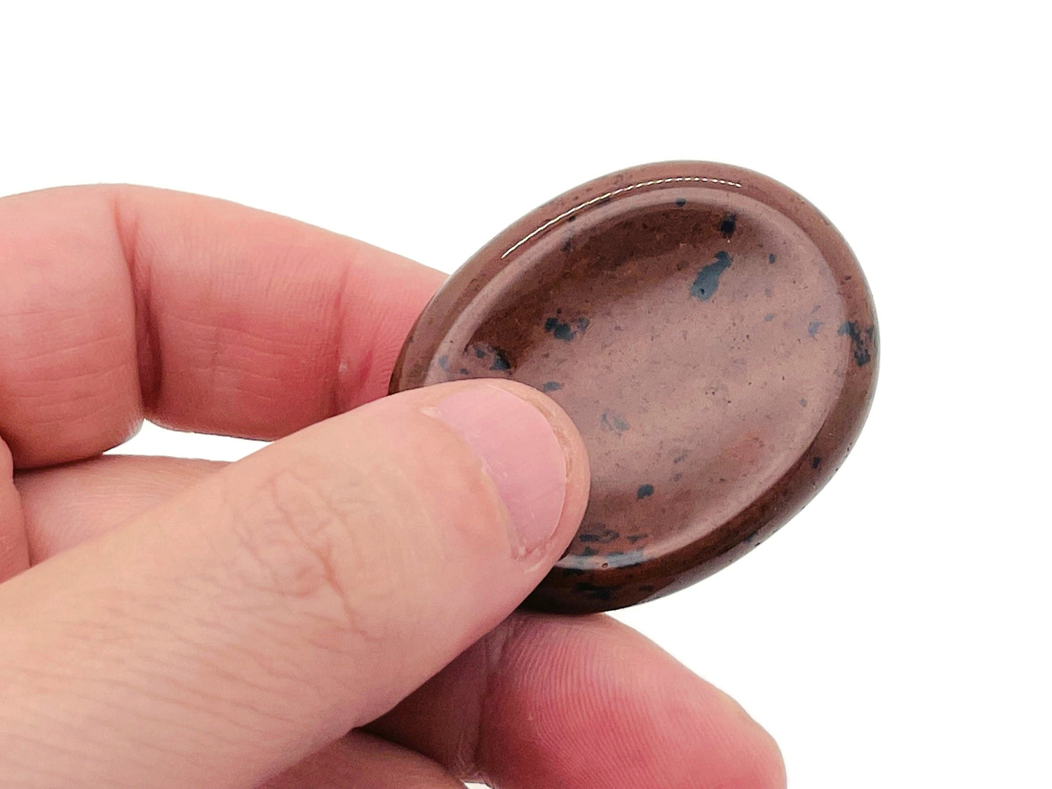Mahogany Obsidian worry stone from GemstoneGO, smooth 4.5x3.5cm crystal for stress relief and meditation.