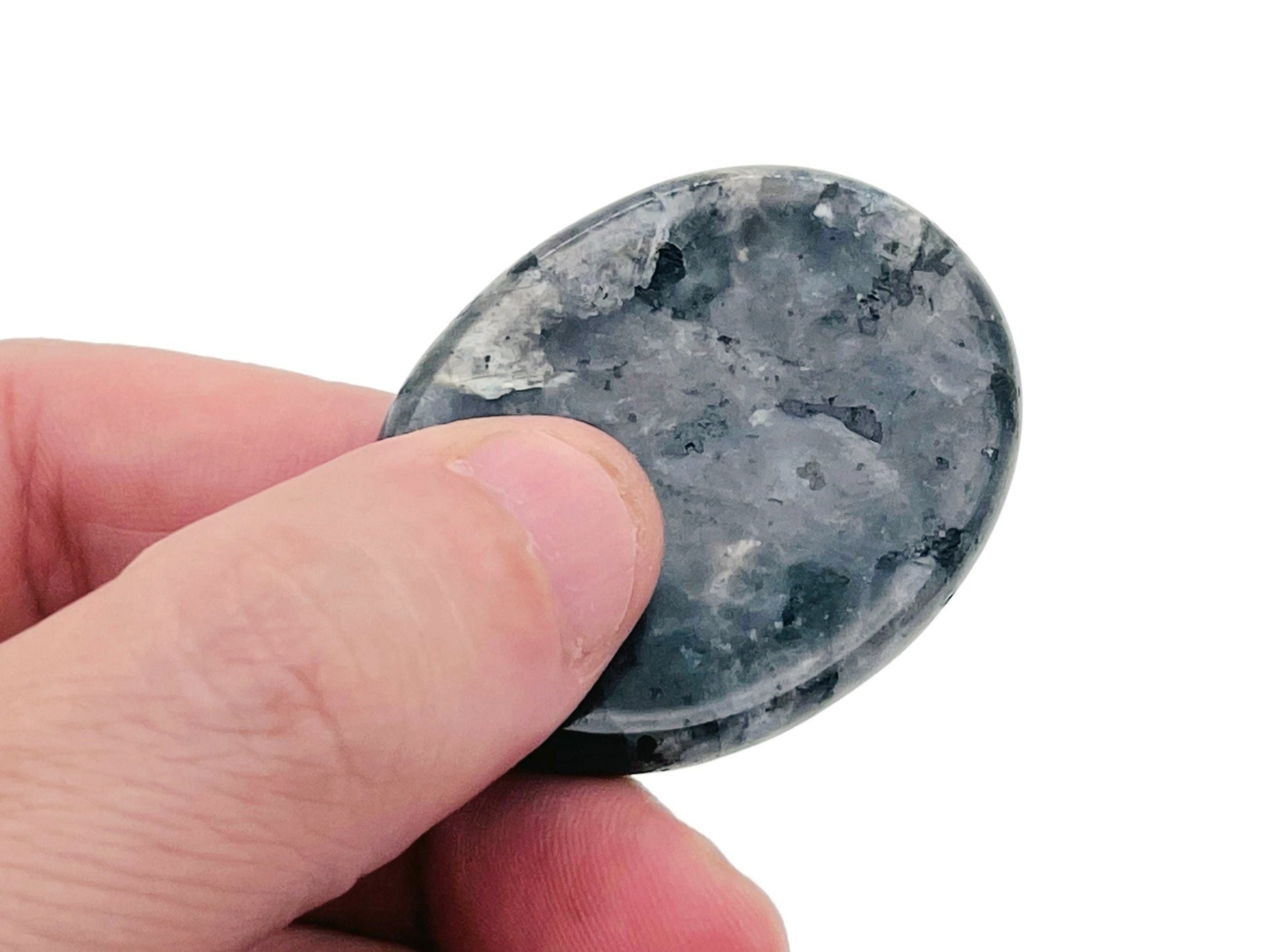 Larvikite worry stone from GemstoneGO, 4.5x3.5cm soothing crystal for stress relief and meditation practice.