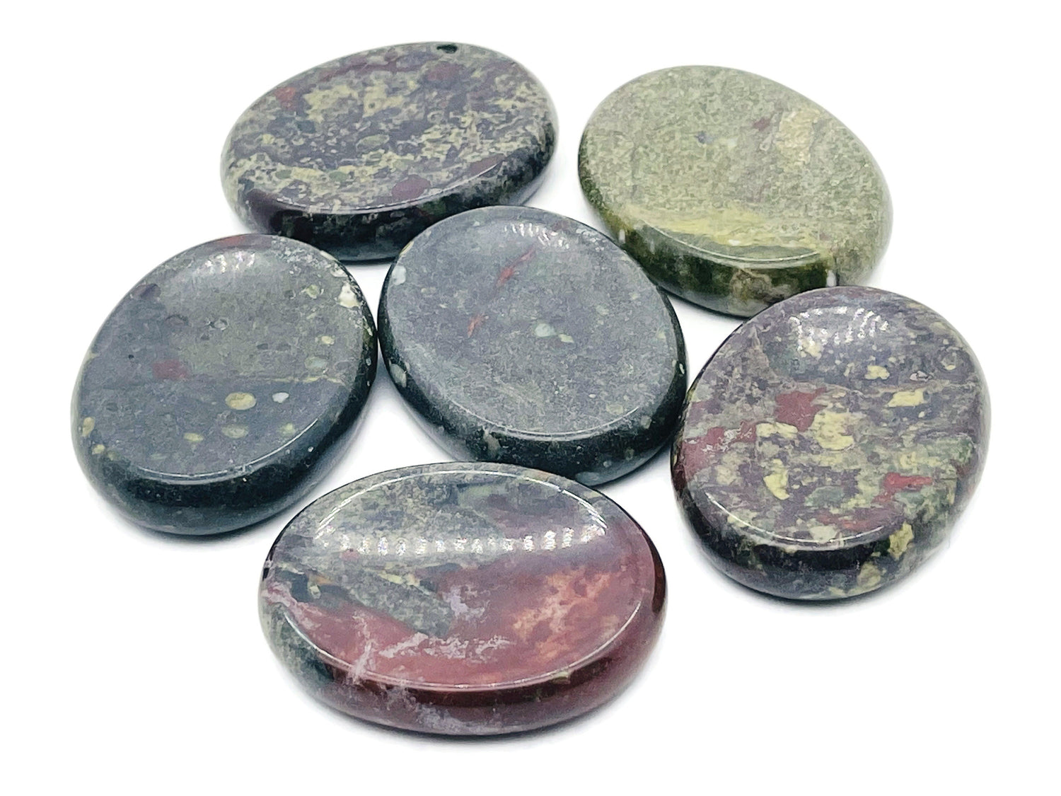 Dragon Blood Jasper worry stone from GemstoneGO, 4.5x3.5cm, featuring smooth, polished red and brown patterns for soothing energy.