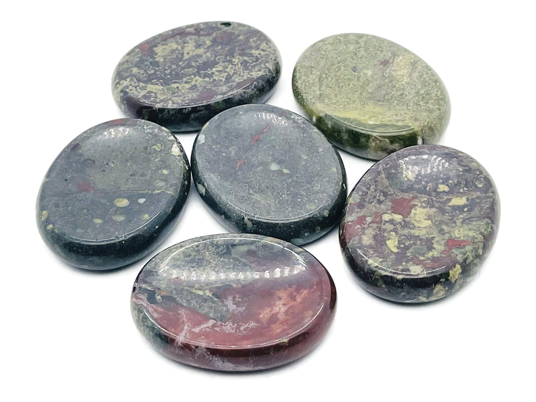 Dragon Blood Jasper worry stone from GemstoneGO, 4.5x3.5cm, featuring smooth, polished red and brown patterns for soothing energy.