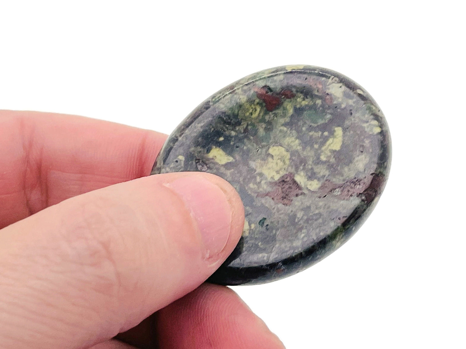 Dragon Blood Jasper worry stone from GemstoneGO, 4.5x3.5cm, showcasing polished reddish-brown crystal with natural patterns.
