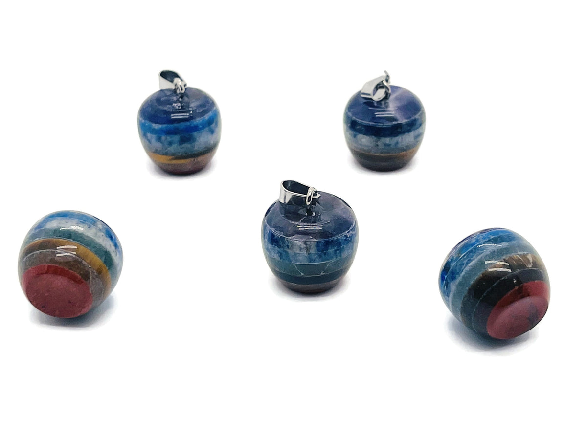 Chakra Apple Crystal Pendant with seven stones from GemstoneGO, featuring a polished apple-shaped crystal with multicolored chakra stones.