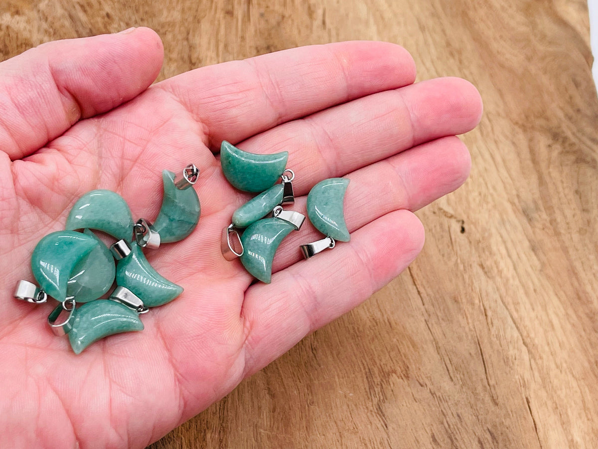 Aventurine moon pendant and earring set featuring green aventurine crystals, ideal for jewelry making and healing jewelry designs.