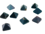 14mm Moss Agate pyramid gemstone carving by GemstoneGO, showcasing intricate natural green and brown mineral patterns.
