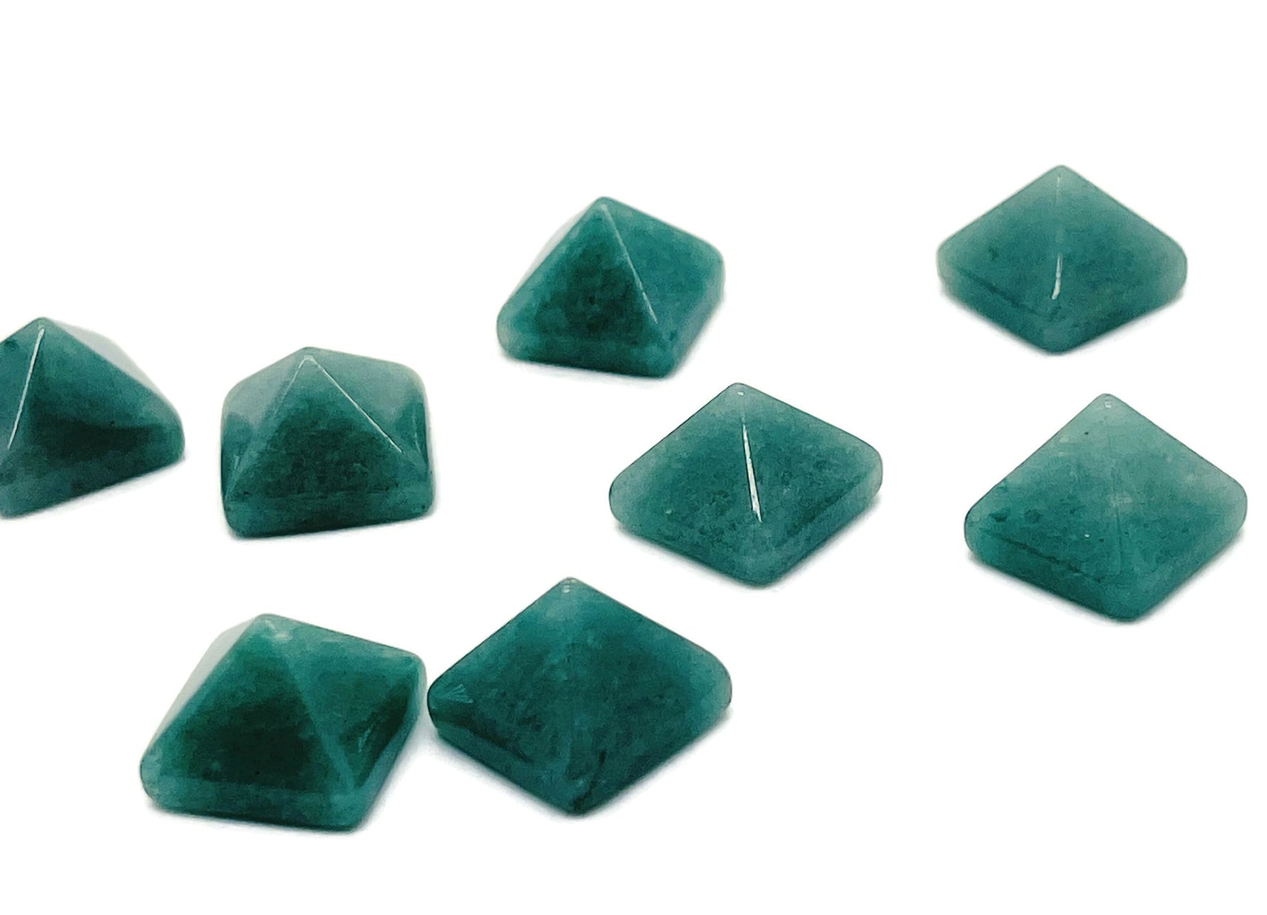14mm Aventurine pyramid gemstone carving from GemstoneGO, showcasing a polished green pyramid with natural gemstone patterns.