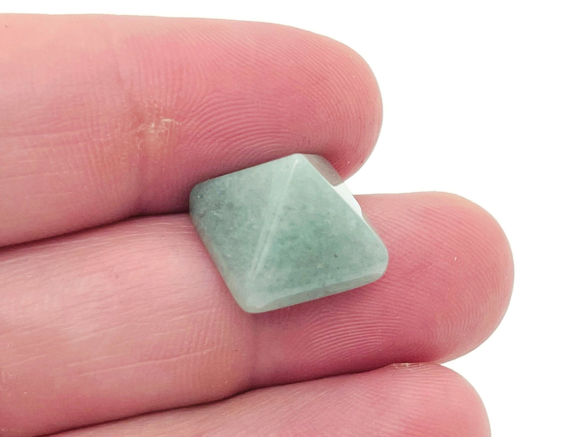 14mm aventurine pyramid gemstone carving from GemstoneGO, showcasing a polished green quartz pyramid with detailed facets.