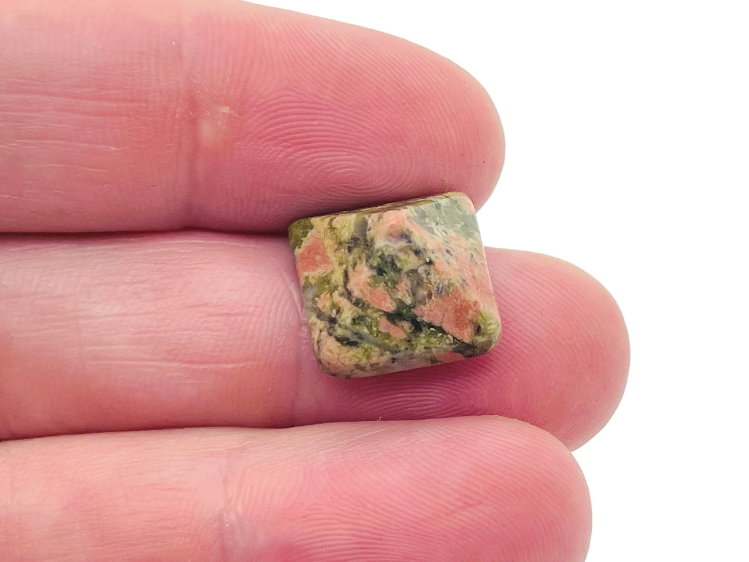 Unakite pyramid carving gemstone, 14mm, from GemstoneGO, showing a polished green and pink mineral pyramid with natural stone details.
