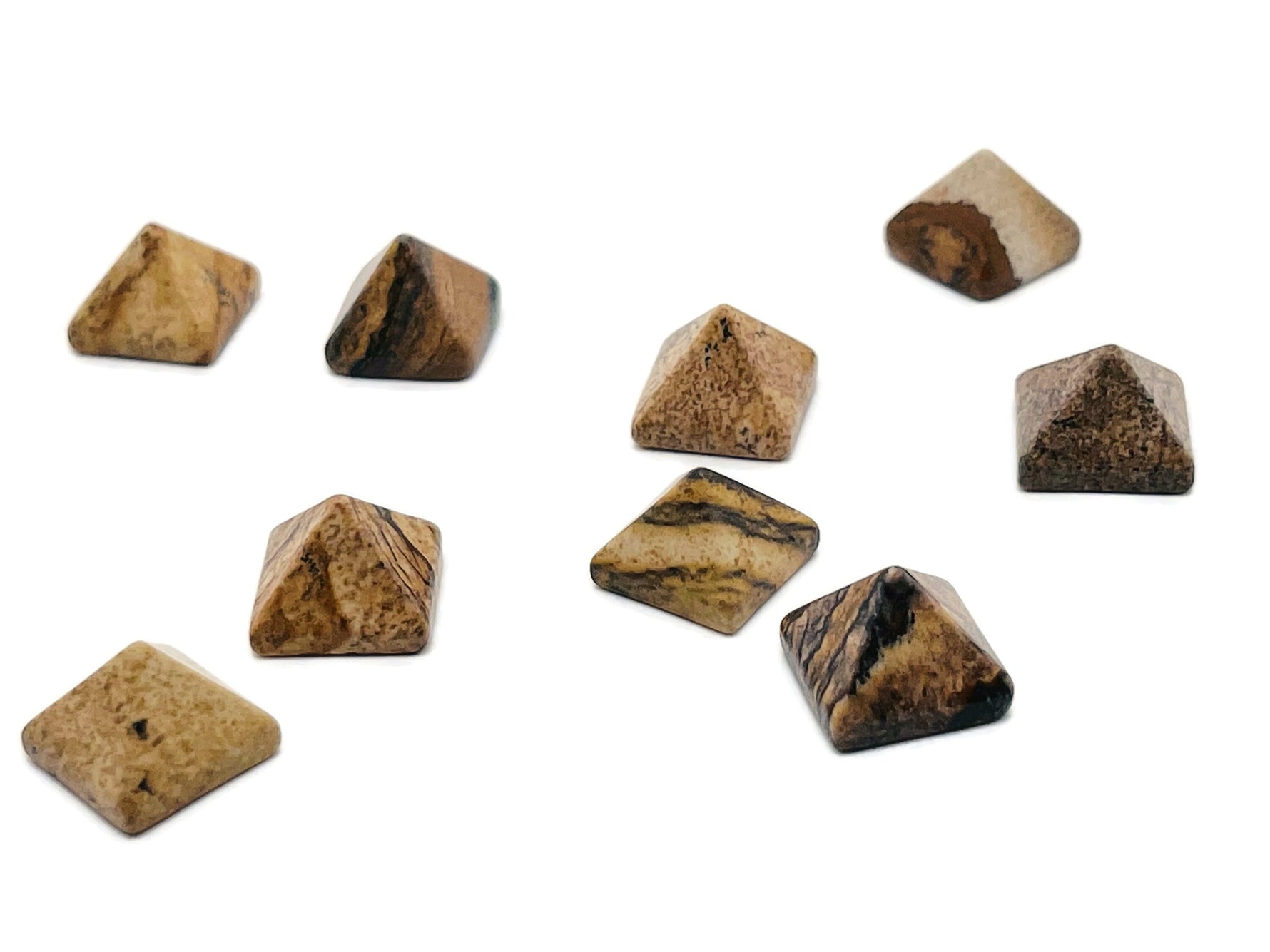 14mm Picture Jasper pyramid gemstone carving by GemstoneGO, showcasing natural earthy patterns and smooth pyramid shape.