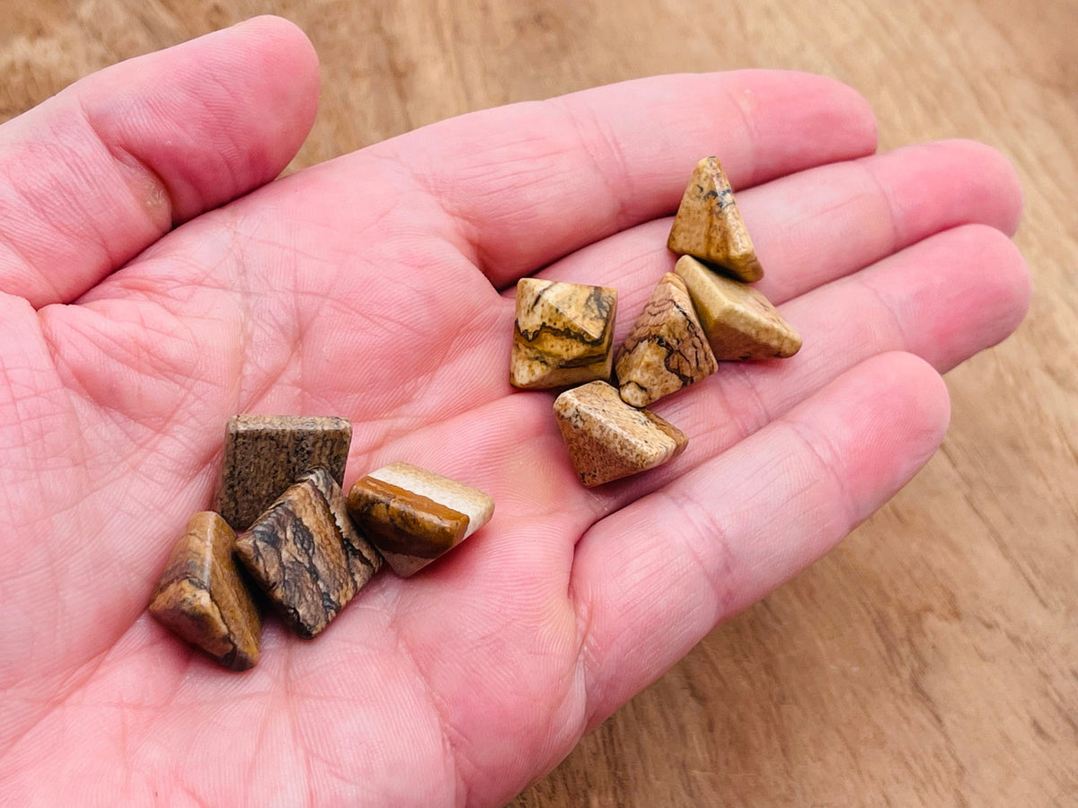 14mm Picture Jasper pyramid gemstone carving by GemstoneGO, showcasing natural earthy tones and detailed pyramid shape.