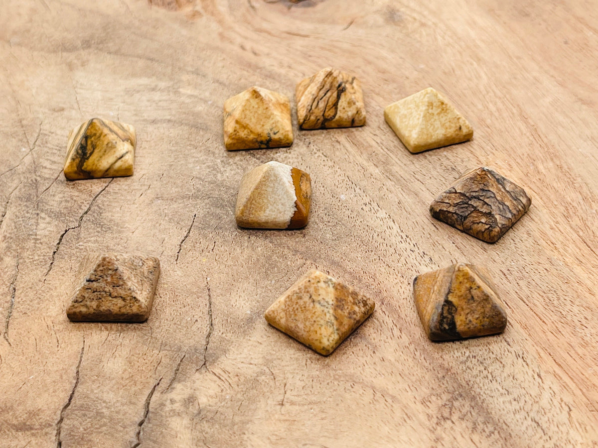 14mm Picture Jasper pyramid gemstone carving by GemstoneGO, showcasing natural earthy tones and detailed pyramid shape.