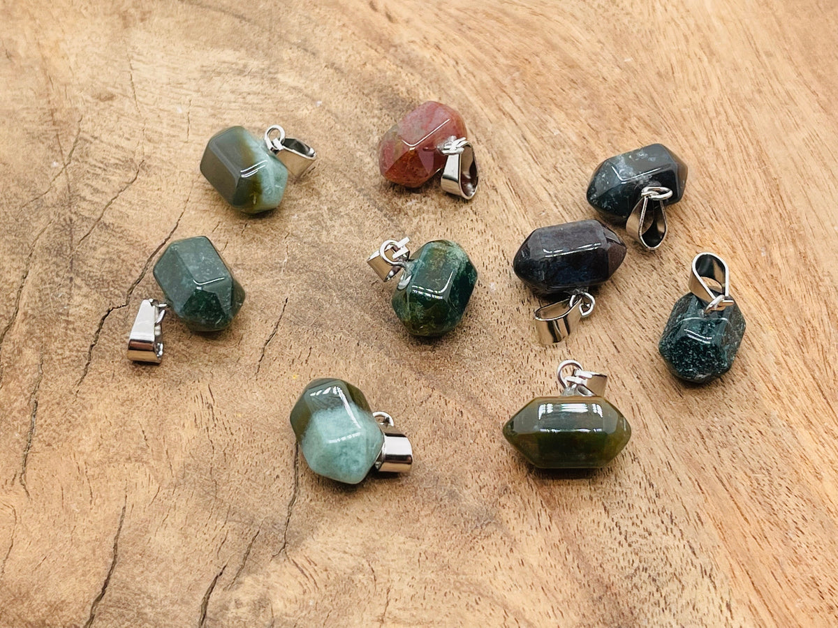 Moss Agate point crystal pendant from GemstoneGO, ideal for jewelry making, showcasing a green and brown patterned gemstone.