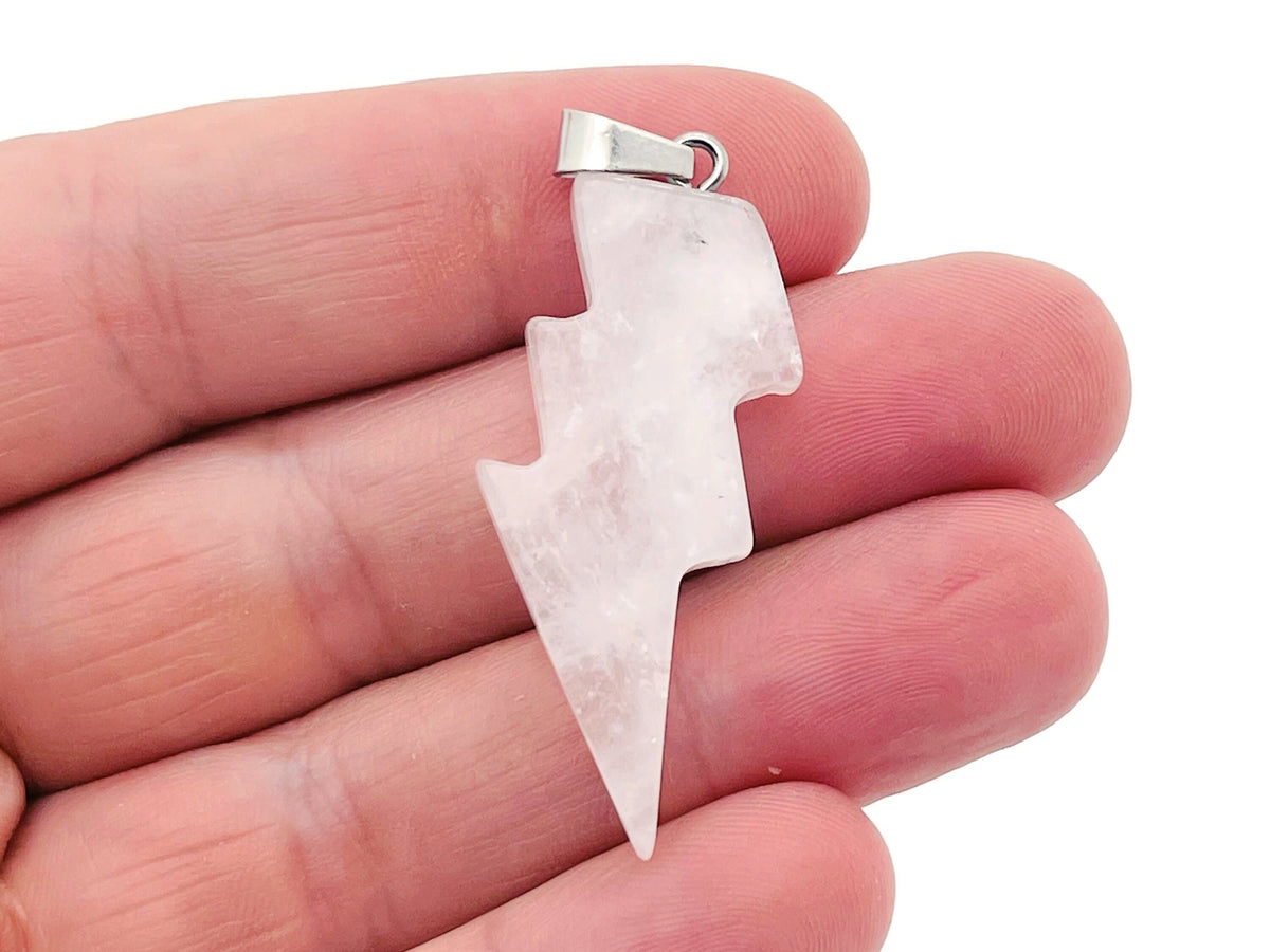 Rose Quartz Lightning Crystal pendant from GemstoneGO featuring a polished pink gemstone with silver accents.