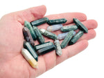 Moss Agate carved point gemstone, 33mm, with natural green and brown patterns, from GemstoneGO.