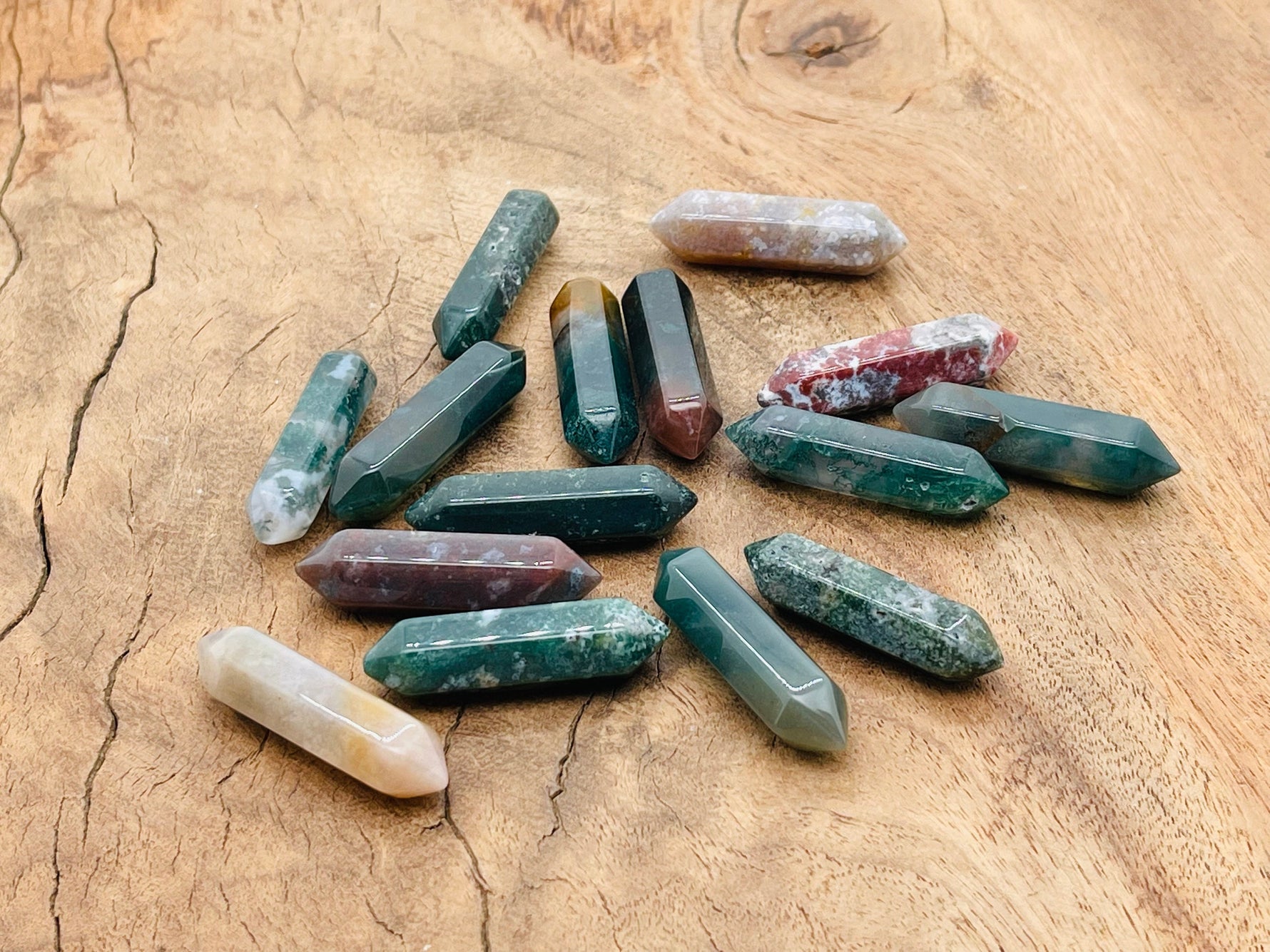Moss agate terminated carved point gemstone, 33mm, with natural green and brown patterns, from GemstoneGO.