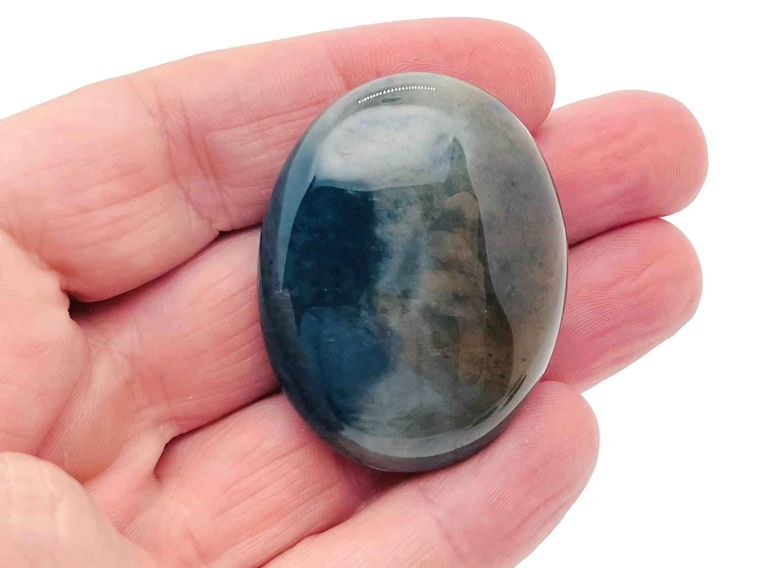 Moss Agate palm gemstone spa stone, 45x35mm, smooth polished natural stone with green and brown moss-like patterns, by GemstoneGO.