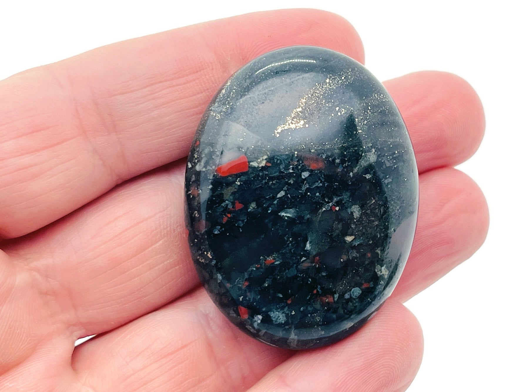 African Bloodstone palm gemstone spa stone, 45x35mm, smooth polished bloodstone for relaxation and healing.