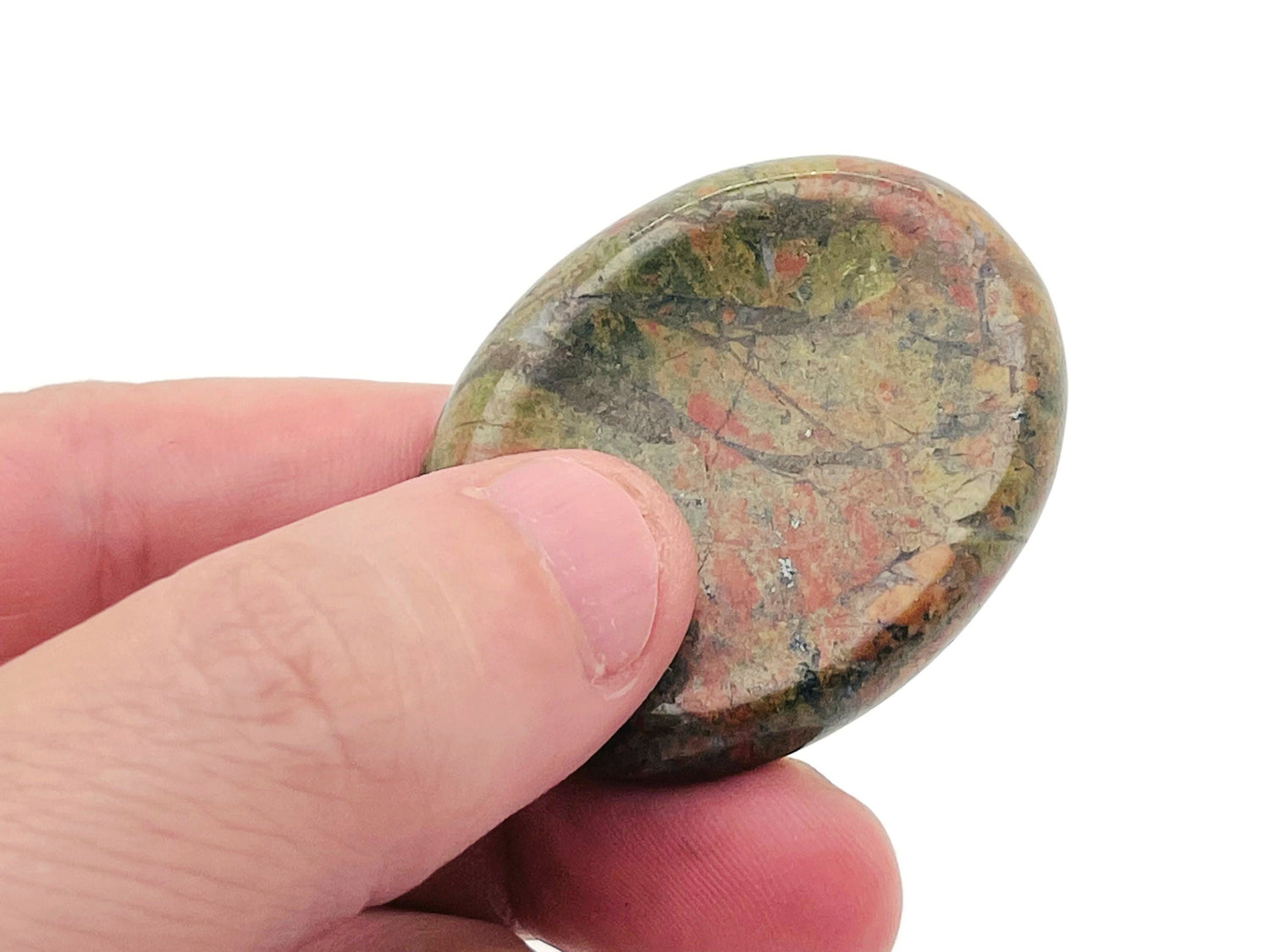 Unakite worry stone from GemstoneGO, measuring 4.5x3.5cm, smooth crystal for stress relief and calming energy.