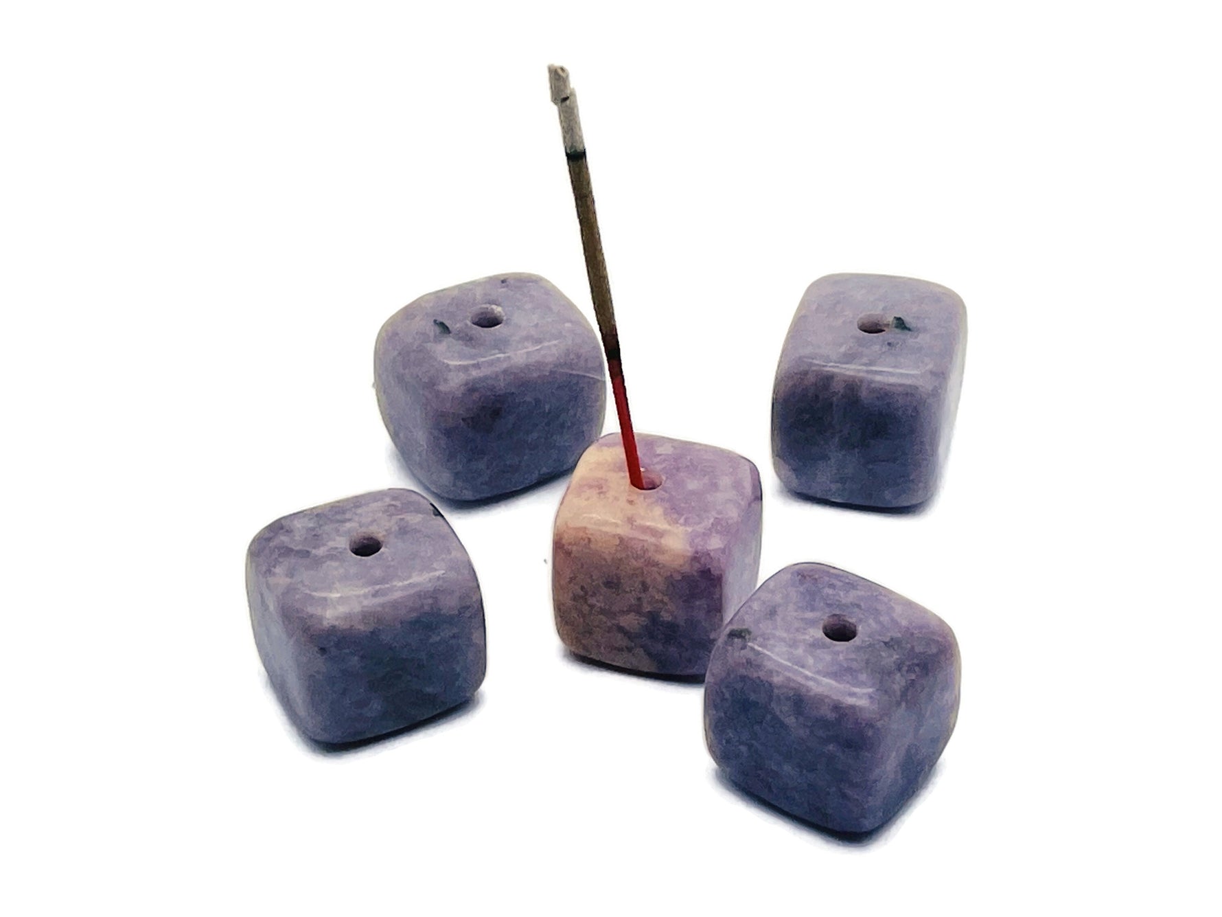 Lepidolite crystal incense holder with carved design, holds incense sticks, handmade gemstone stone decor from GemstoneGO.