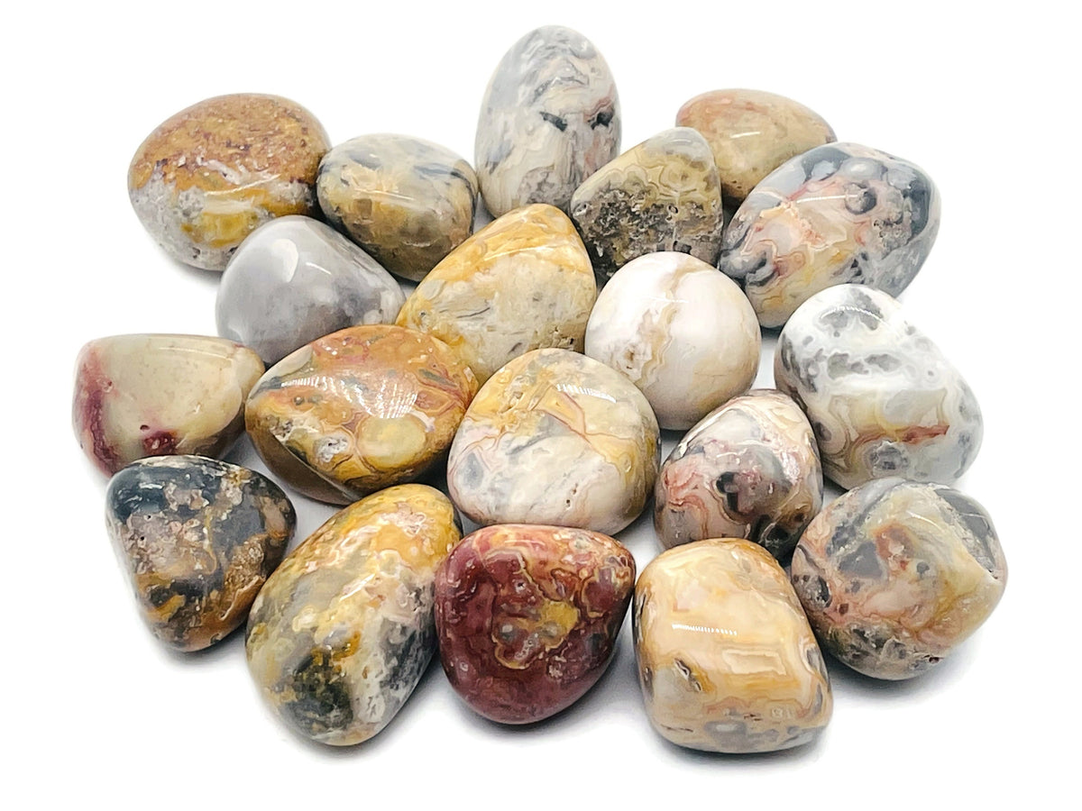 Crazy Lace Agate tumbled stone from GemstoneGO, showing vibrant colorful patterns and smooth polished surface.