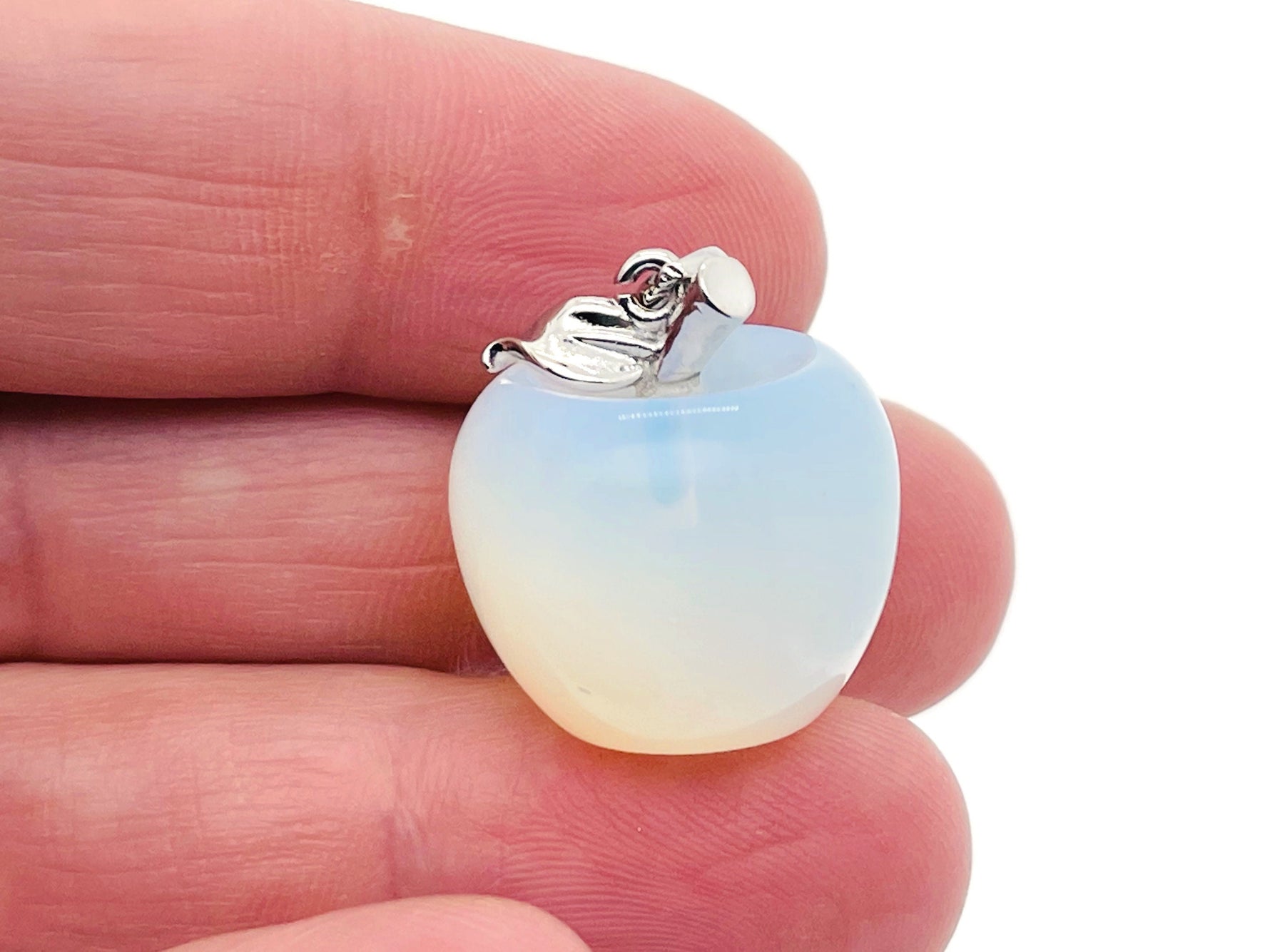 Opalite and apple-shaped crystal pendant by GemstoneGO, mini gemstone jewelry with a polished, smooth finish on a silver chain.