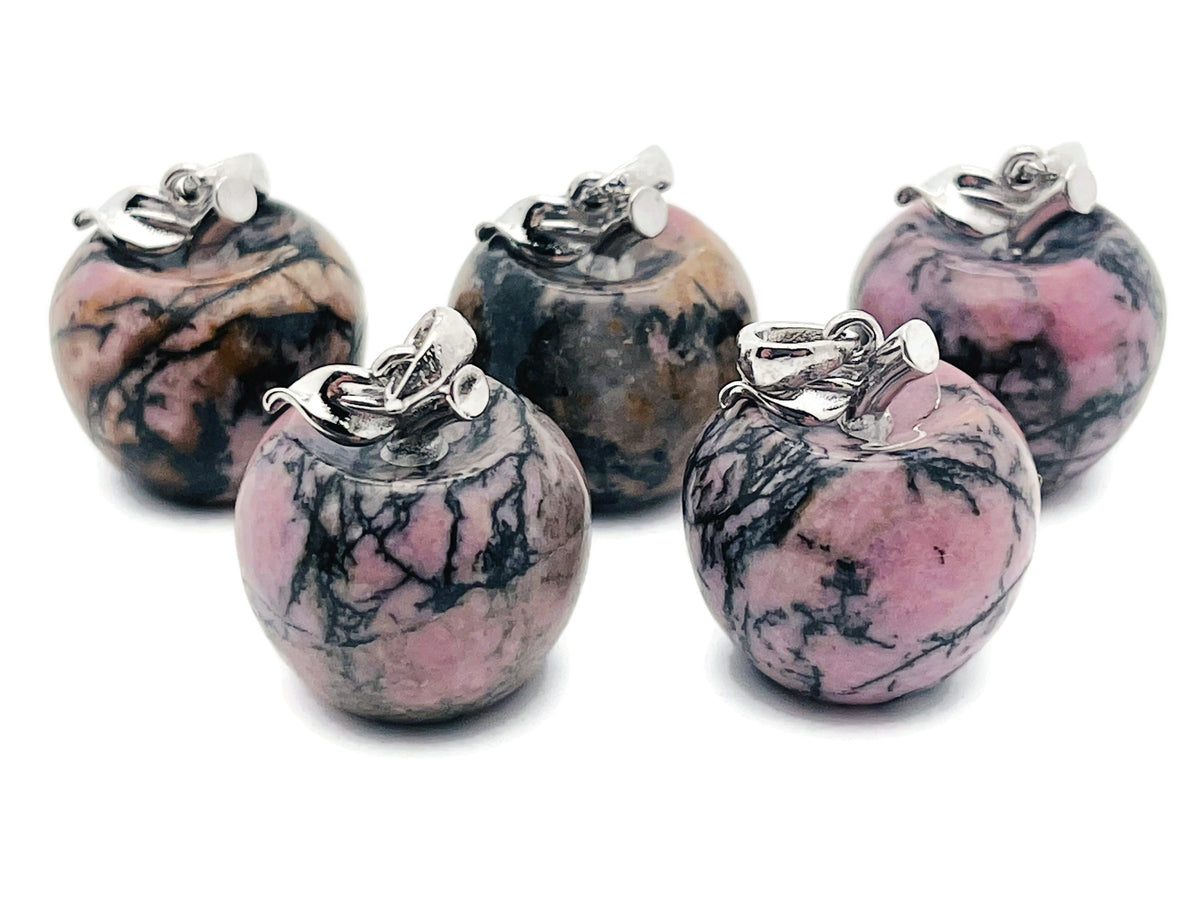Rhodonite apple-shaped crystal pendant from GemstoneGO, mini size, featuring a polished pink and black gemstone design.