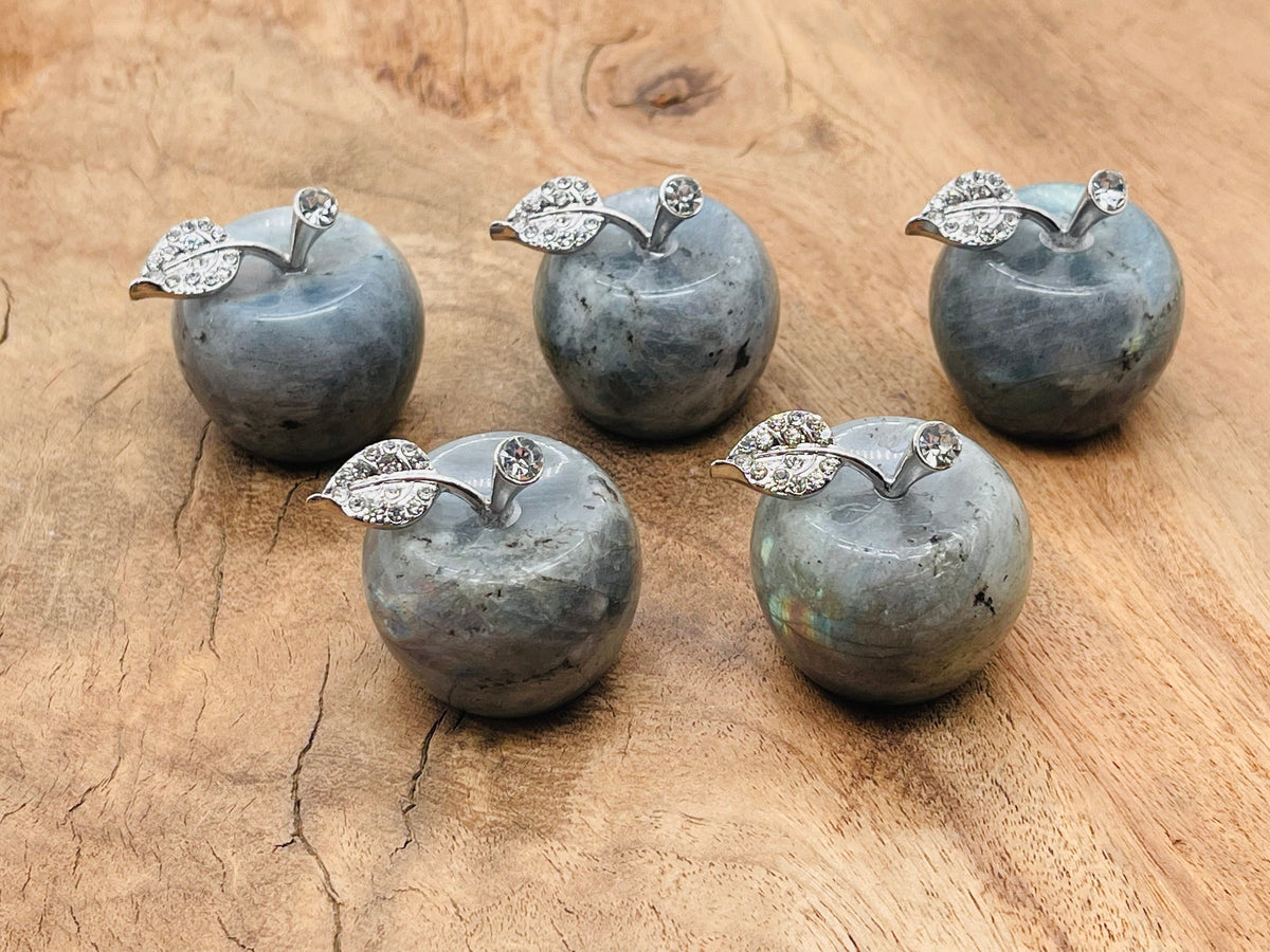 Labradorite Apple crystal carving by GemstoneGO, 30mm polished gemstone with iridescent labradorite hues and smooth finish.