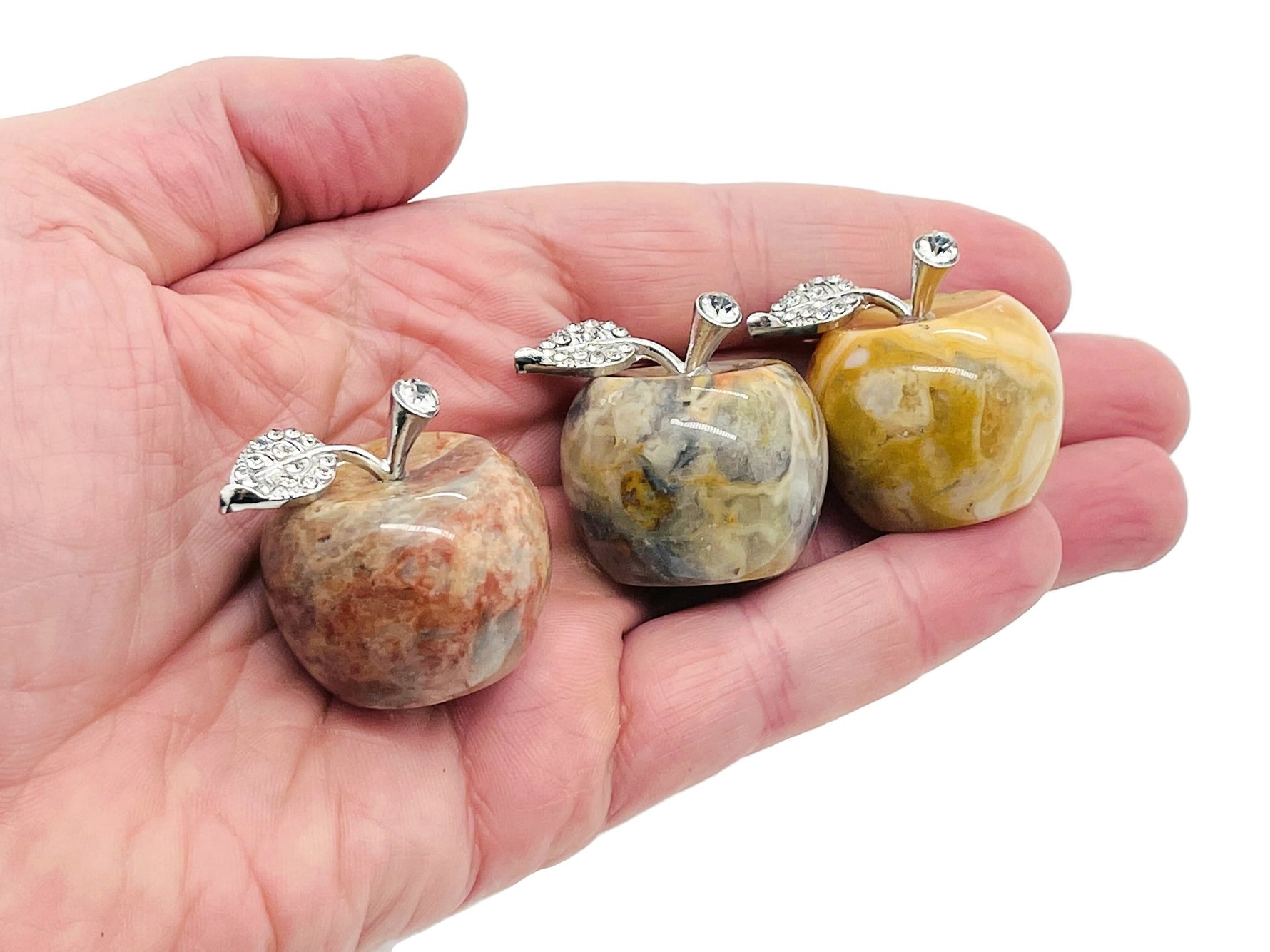 Crazy Lace Agate Apple crystal carving from GemstoneGO, 30mm, detailed natural stone sculpture with vibrant banding patterns.