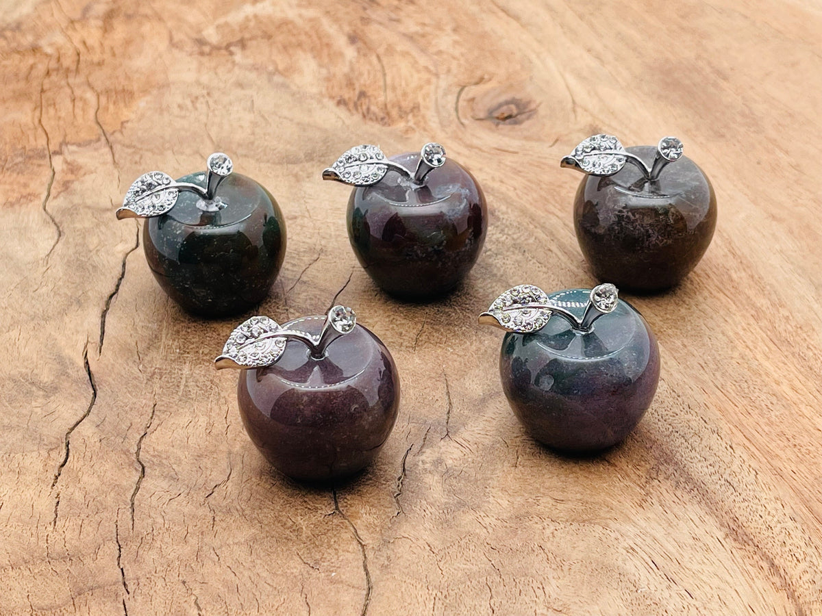Moss agate apple-shaped gemstone carving, 30mm, from GemstoneGO, featuring green and brown natural stone patterns.
