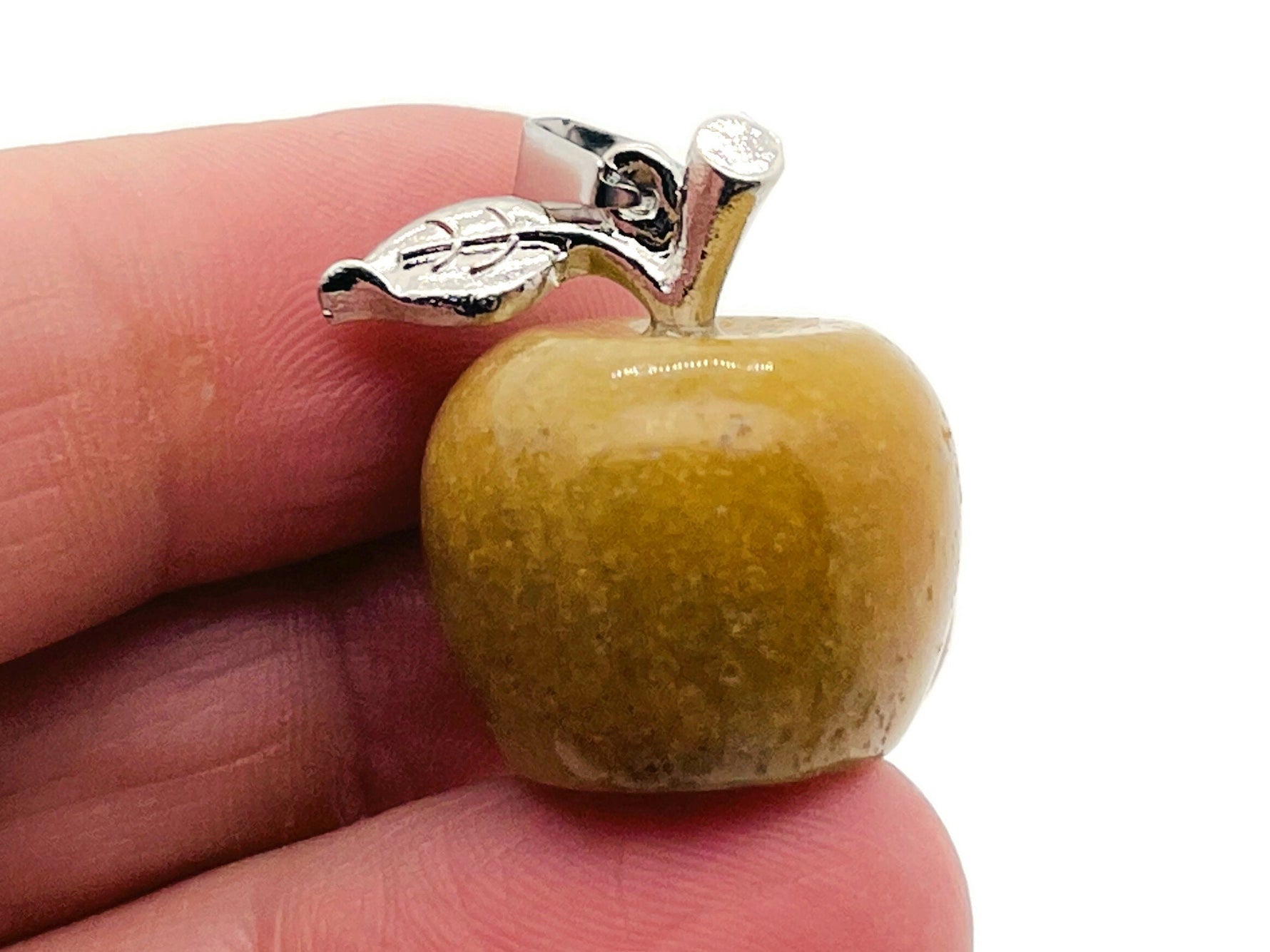 Yellow aventurine apple crystal pendant by GemstoneGO, small mini pendant featuring a polished yellow aventurine apple-shaped crystal.
