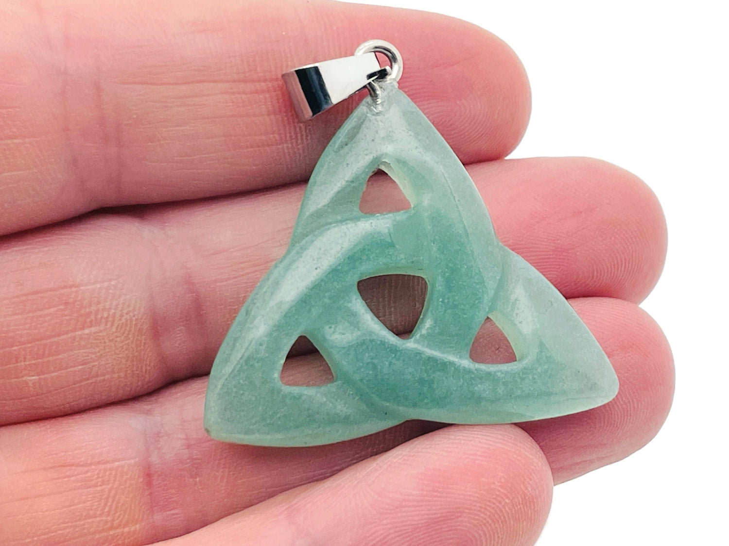 Aventurine Celtic knot crystal pendant with Trinity Crystals from GemstoneGO, showing intricate Celtic design and vibrant green aventurine.