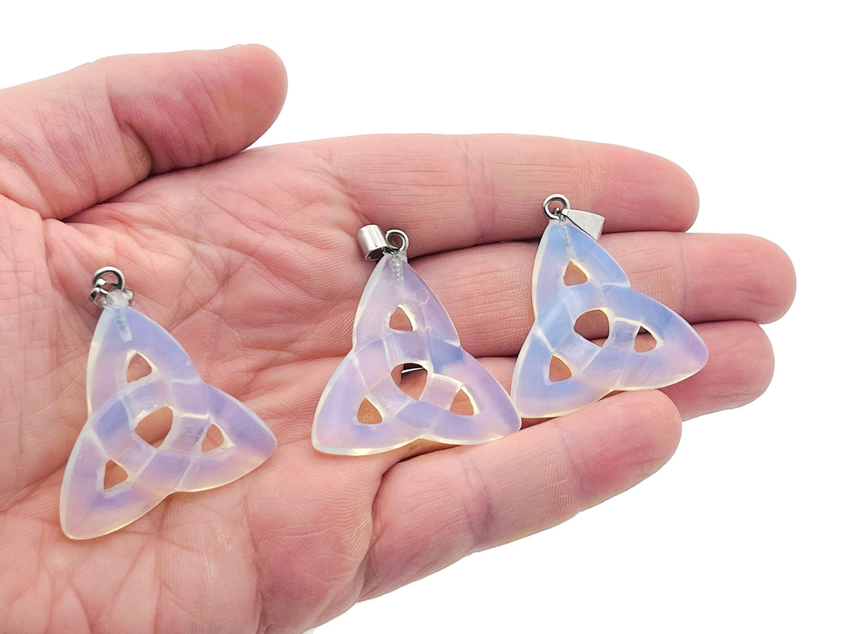 Opalite Celtic Knot Crystal Pendant with Trinity Crystals, featuring intricate design and polished gemstone from GemstoneGO.