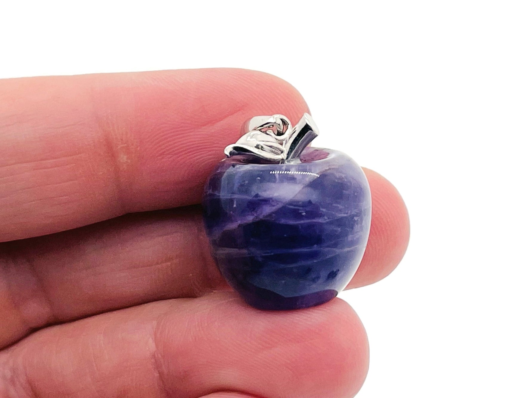 Amethyst apple-shaped crystal pendant from GemstoneGO, mini gemstone jewelry with a polished purple amethyst stone.