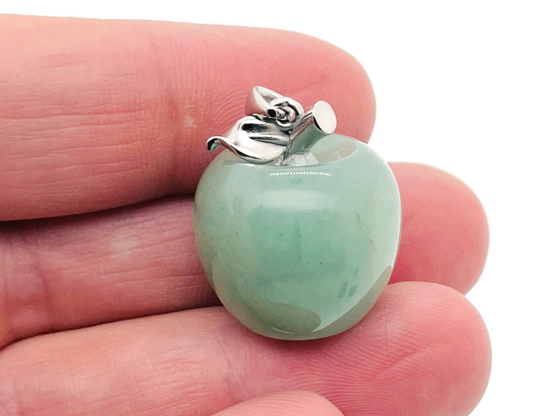 Aventurine apple-shaped crystal pendant from GemstoneGO featuring a mini crystal design on a silver chain.