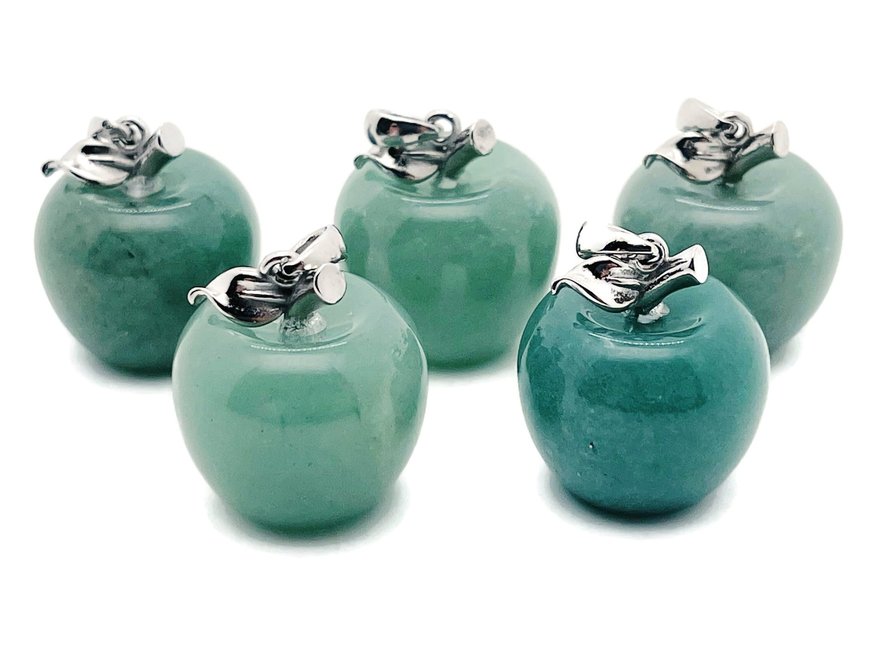 A aventurine apple-shaped crystal pendant by GemstoneGO, mini size, featuring a polished green stone with a silver bail.
