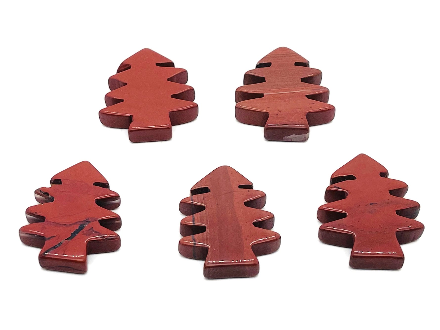 Handmade red jasper pine tree gemstone carving, detailed tree sculpture on a smooth stone base by GemstoneGO.