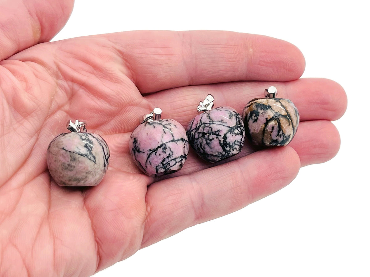 Rhodonite apple-shaped crystal pendant by GemstoneGO featuring a polished mini gemstone with silver-tone bail.