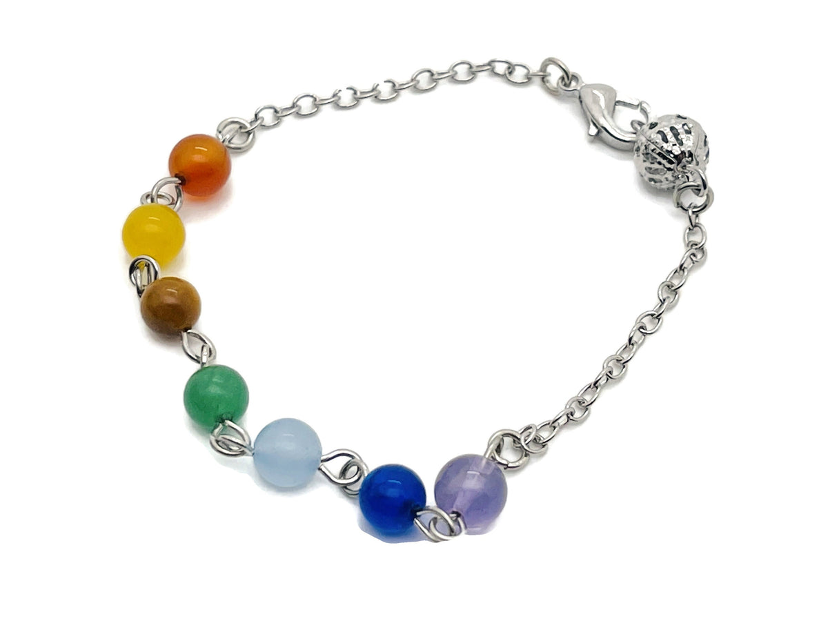 Crystal chakra bracelet with seven stones from GemstoneGO, featuring colorful polished gemstone beads on an elastic band.