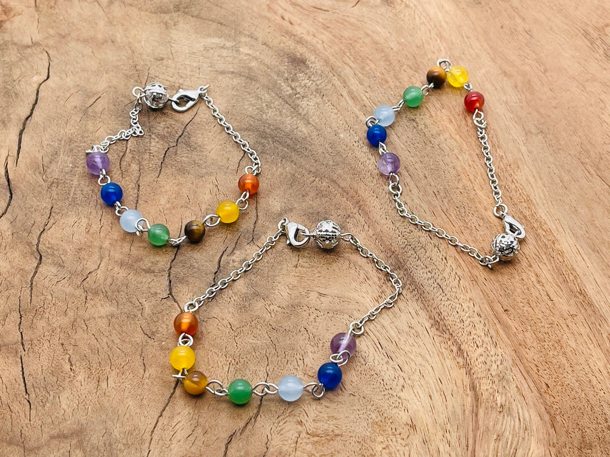 Crystal chakra bracelet with seven stones from GemstoneGO, featuring colorful gemstone beads on an elastic band.
