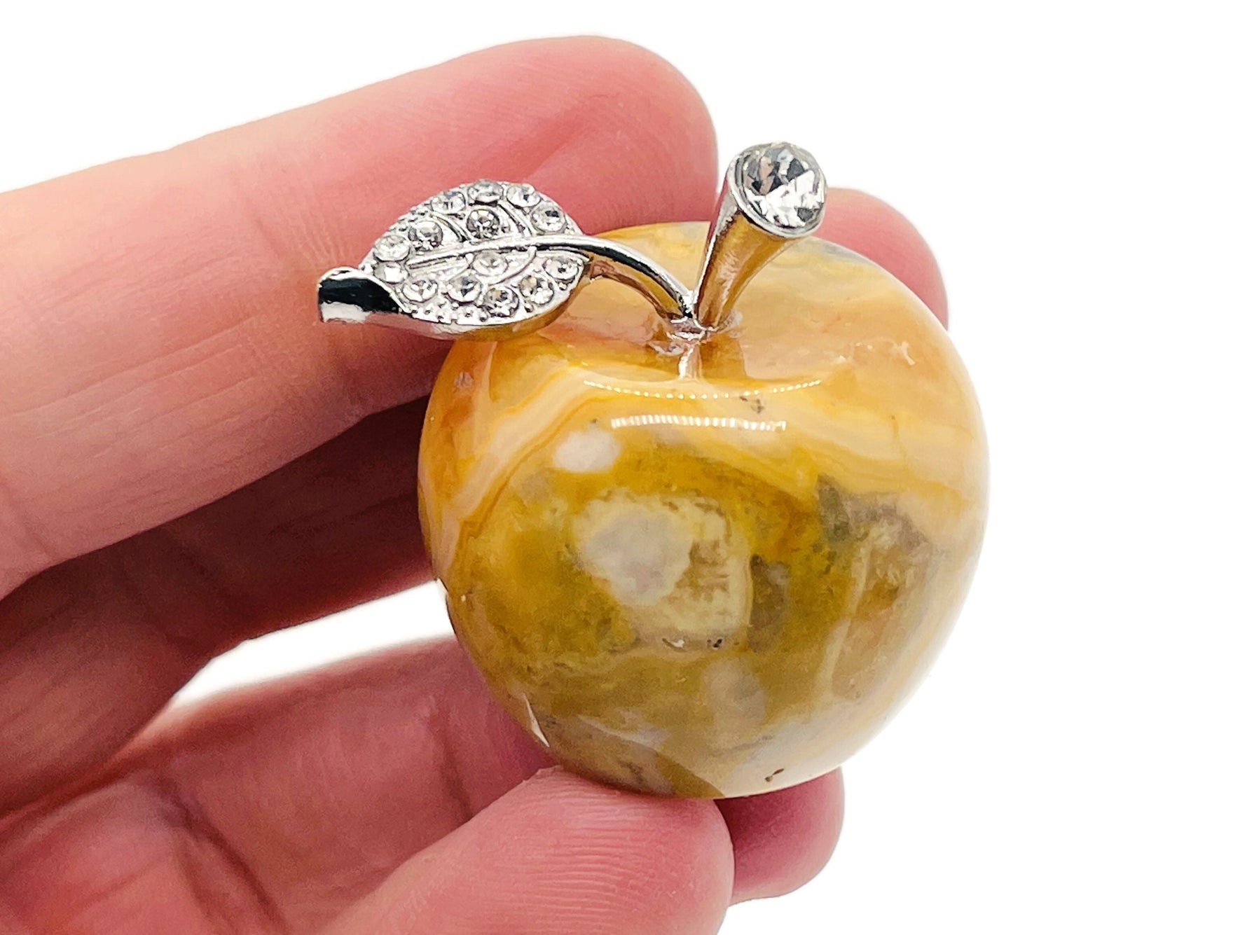 30mm Crazy Lace Agate Apple crystal carving by GemstoneGO showing intricate natural lace patterns and polished smooth surface.