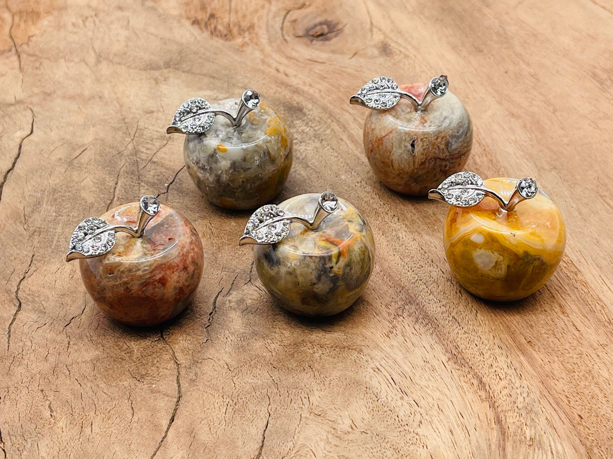 Crazy Lace Agate Apple crystal carving from GemstoneGO, 30mm size, featuring intricate banding and vibrant colors.
