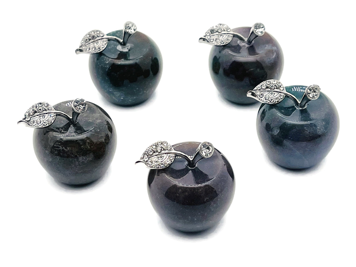 Moss agate apple-shaped crystal carving from GemstoneGO, 30mm, showing detailed green and brown stone patterns.