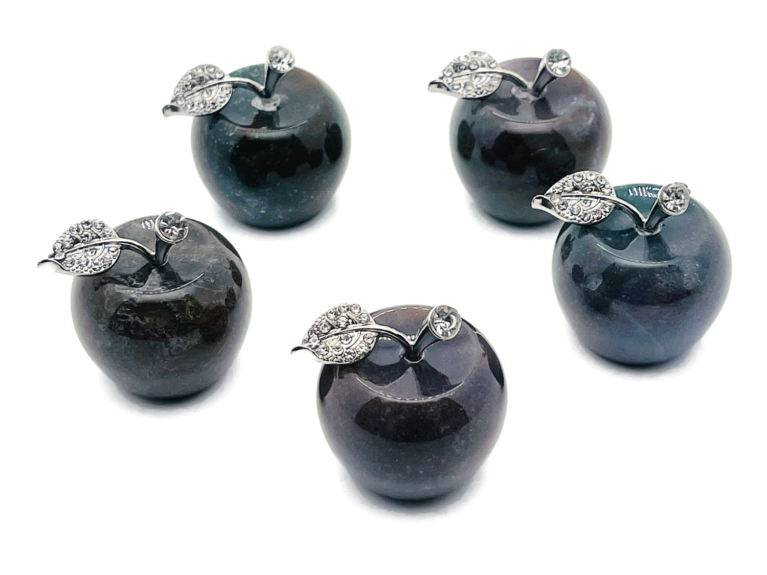 Moss agate apple-shaped crystal carving from GemstoneGO, 30mm, showing detailed green and brown stone patterns.