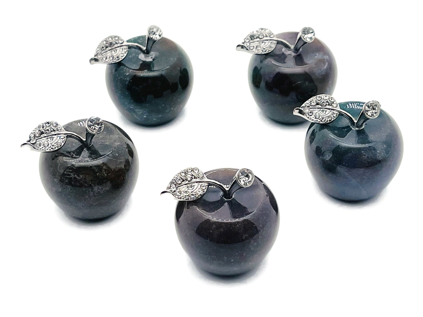 Moss agate apple-shaped crystal carving from GemstoneGO, 30mm, showing detailed green and brown stone patterns.