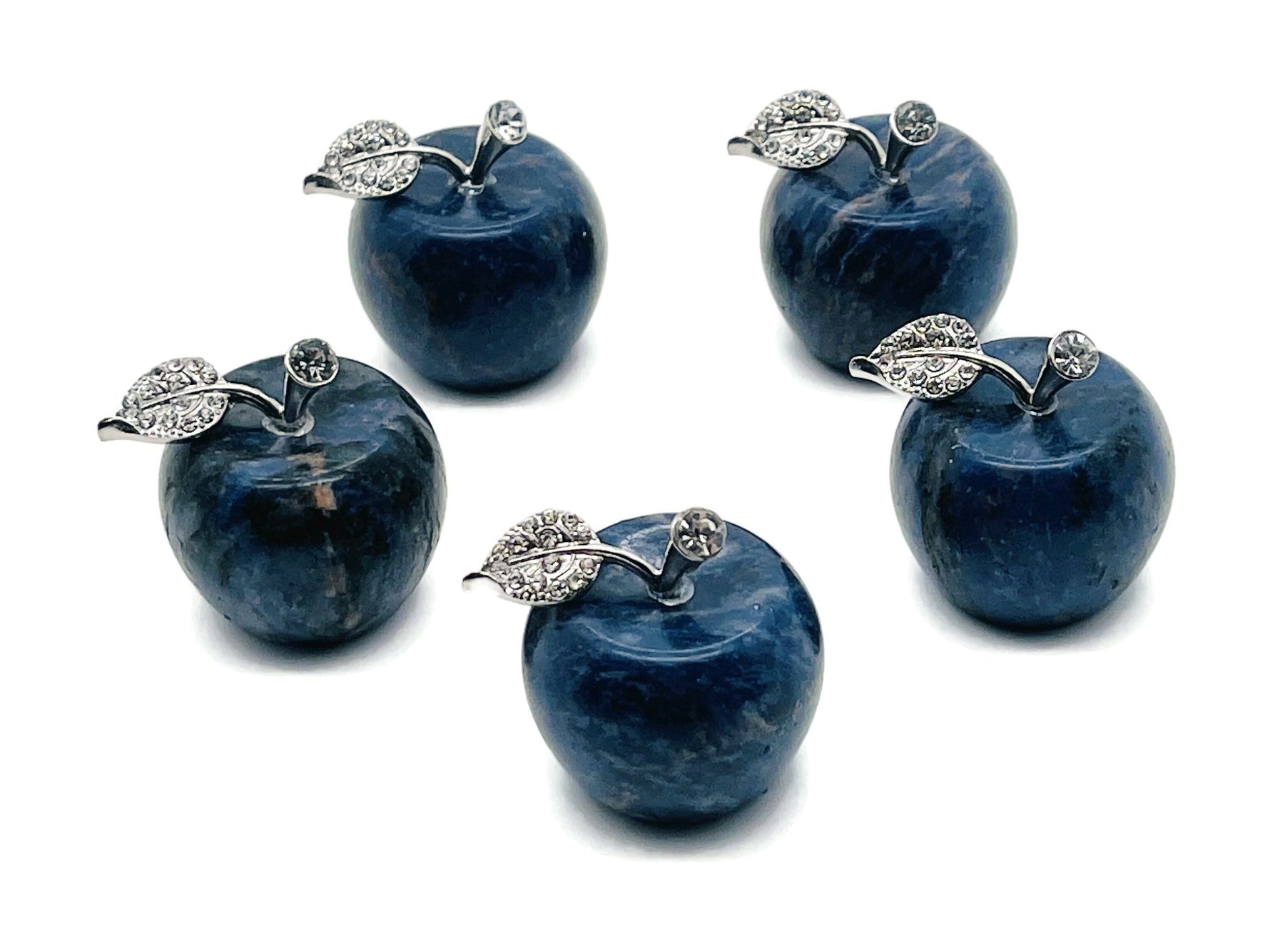 Sodalite Apple crystal carving by GemstoneGO, 30mm, polished gemstone with deep blue and white patterns, detailed and smooth surface.