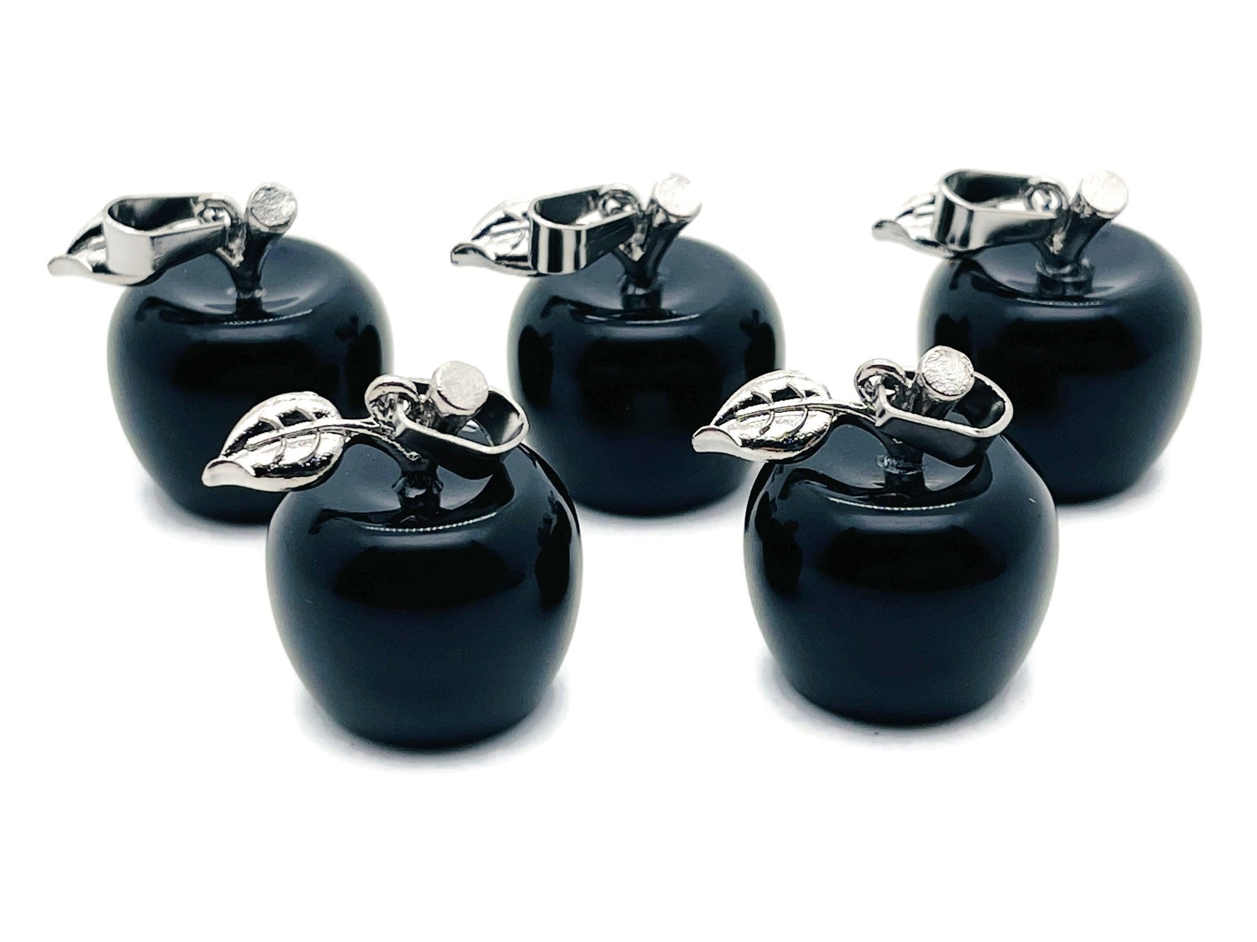 Mini obsidian apple crystal pendant from GemstoneGO featuring a sleek black stone crafted into a minimalist apple shape.