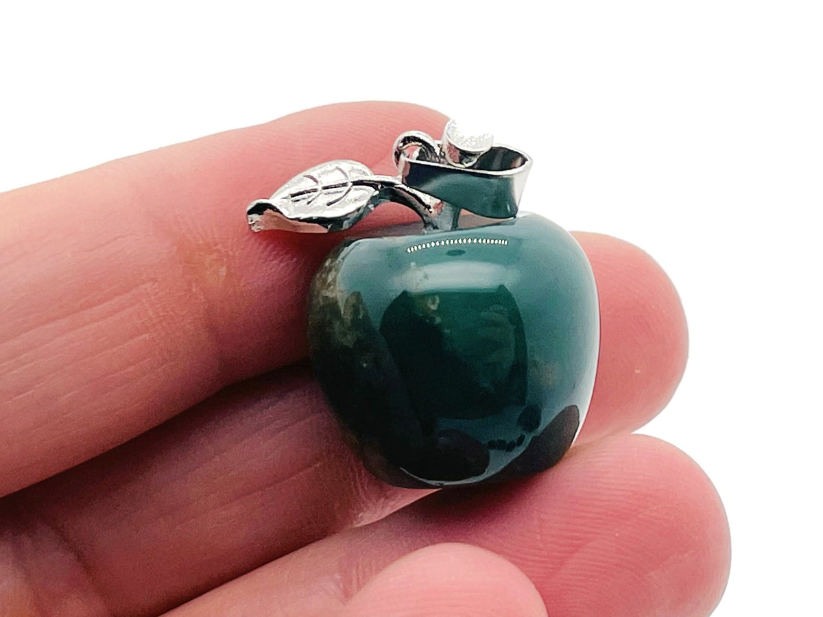 Moss agate apple-shaped crystal pendant from GemstoneGO, featuring a mini gemstone pendant with intricate green and brown details.