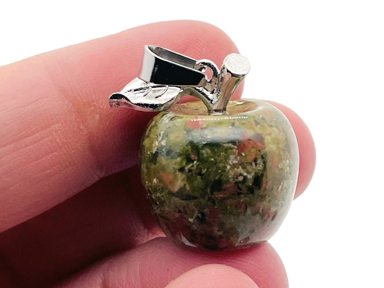 Unakite Apple crystal pendant by GemstoneGO, mini gemstone jewelry with a polished unakite stone in apple shape.