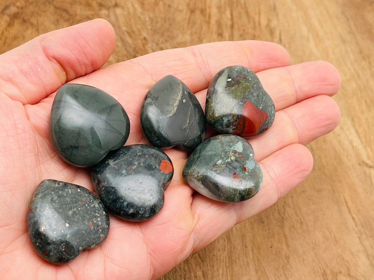 African Bloodstone heart-shaped gemstone, 30mm, from GemstoneGO, showcasing deep green and red mineral inclusions.