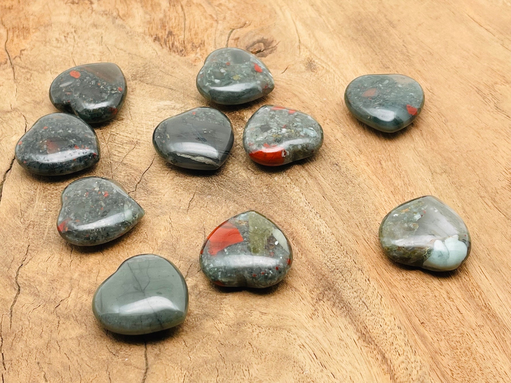 African Bloodstone heart-shaped gemstone, 30mm, from GemstoneGO, showcasing deep green and red bloodstone patterns.