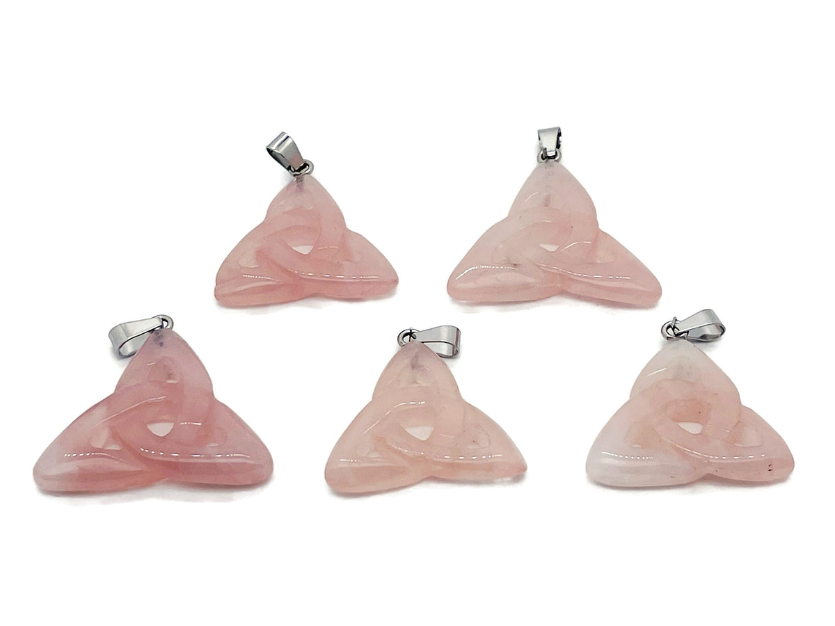 Rose quartz Celtic knot crystal pendant from GemstoneGO featuring a Trinity Crystals design, with intricate knotwork and polished gemstone.